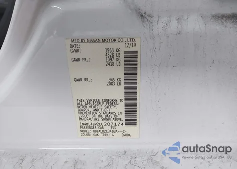 2020 Nissan Altima S Fwd from USA, damaged, VIN 1N4BL4BV2LC207174